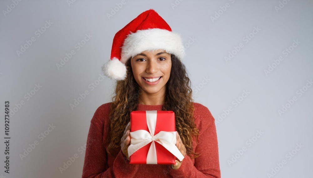 Young woman in santa hat holding christmas gift box Young woman in santa hat holding christmas gift box