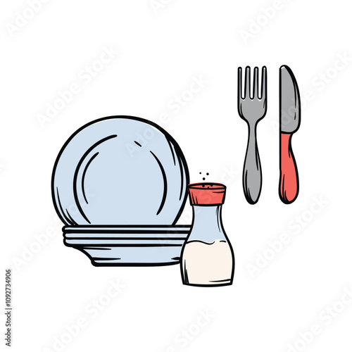 Simple vector illustration of plates, salt shaker, fork and knife. Hand drawn image of kitchen utensils, cafe, restaurant, cooking. Set of elements and icons for design and decoration