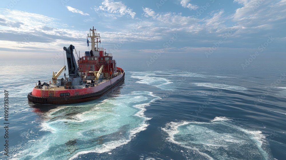 Oil Spill Management Concept, Tugboat Equipped with Oil Skimmer Actively Collecting Surface Oil in Open Water under a Clear Sky and Calm Sea Conditions