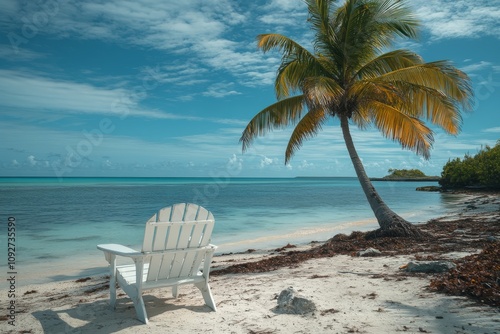 Serene Tropical Beach Scene Palm Tree White Adirondack Chair Ocean View