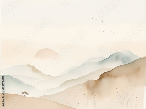 A minimalist mountain landscape in warm beige and terracotta hues, featuring soft gradients. Ideal for Scandinavian interiors, nature-inspired posters, or serene decor themes.