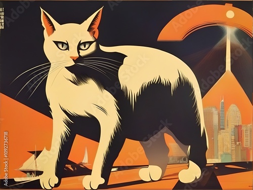 A striking retro-futuristic illustration of a cat in bold orange and black tones, blending vintage and sci-fi aesthetics. Ideal for unique decor, posters, or artistic projects.