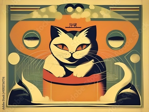 A striking retro-futuristic illustration of a cat in bold orange and black tones, blending vintage and sci-fi aesthetics. Ideal for unique decor, posters, or artistic projects.