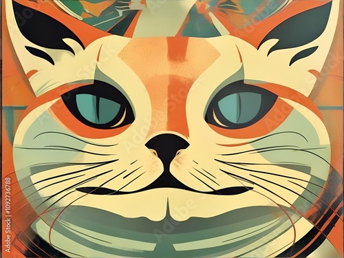 A striking retro-futuristic illustration of a cat in bold orange and black tones, blending vintage and sci-fi aesthetics. Ideal for unique decor, posters, or artistic projects.