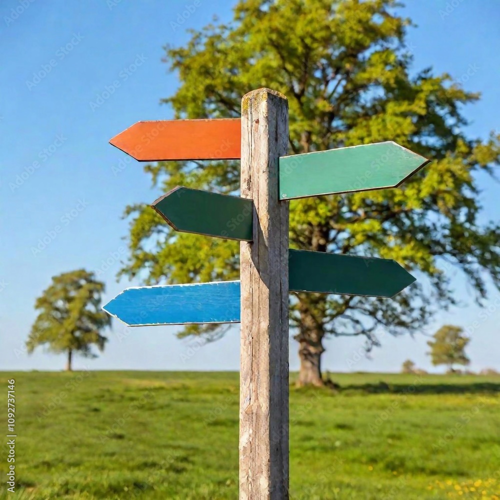 Wooden signpost with signs in different colors. No inscription. In the background you can see a blurred green meadow and a path and sky Wooden signpost with signs in different colors. No inscription. In the background you can see a blurred green meadow and a path and sky