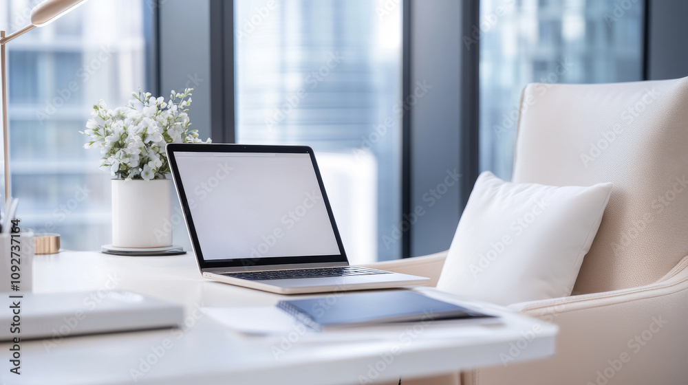 Modern Office Workspace with Laptop, Comfortable Chair, and Minimalist Decor, Showcasing a Professional Environment for Productivity and Creativity Modern Office Workspace with Laptop, Comfortable Chair, and Minimalist Decor, Showcasing a Professional Environment for Productivity and Creativity