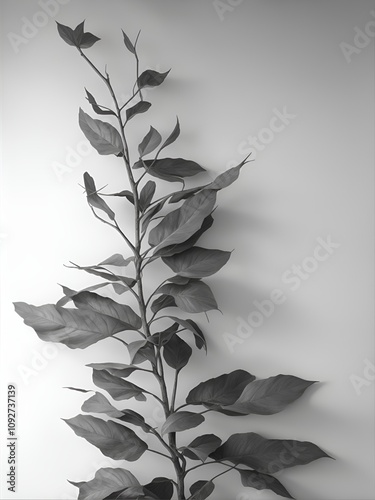 A grayscale botanical illustration of a delicate leafy branch, emphasizing simplicity and natural beauty. Perfect for modern minimalist decor, nature-inspired themes, or wall art.