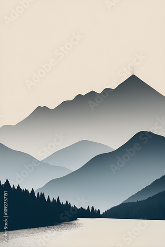 A layered mountain landscape in muted tones of blue and beige, evoking a sense of calm and connection to nature. Perfect for modern nature decor.