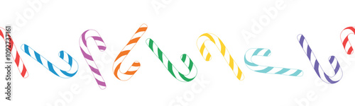 Colorful seamless banner design with striped Christmas candies, lollipops in festive style. For invitations, seasonal greetings, holiday-themed advertisements, or Christmas and New Year decorations