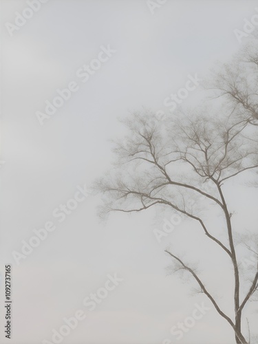 A minimalist black-and-white winter landscape featuring a bare tree shrouded in mist, evoking calm and tranquility. Perfect for serene wall art or modern winter-themed decor.