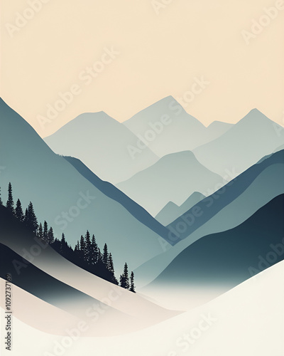 A layered mountain landscape in muted tones of blue and beige, evoking a sense of calm and connection to nature. Perfect for modern nature decor.