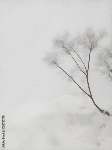 A minimalist black-and-white winter landscape featuring a bare tree shrouded in mist, evoking calm and tranquility. Perfect for serene wall art or modern winter-themed decor.