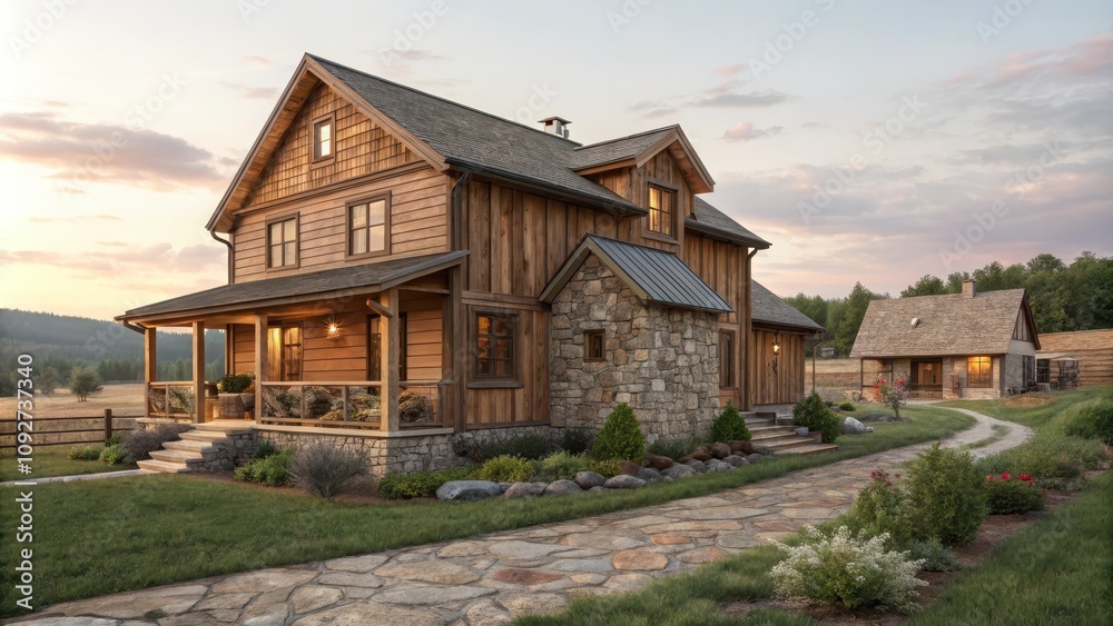 Rustic countryside duplex house with stone and wooden exterior Rustic countryside duplex house with stone and wooden exterior