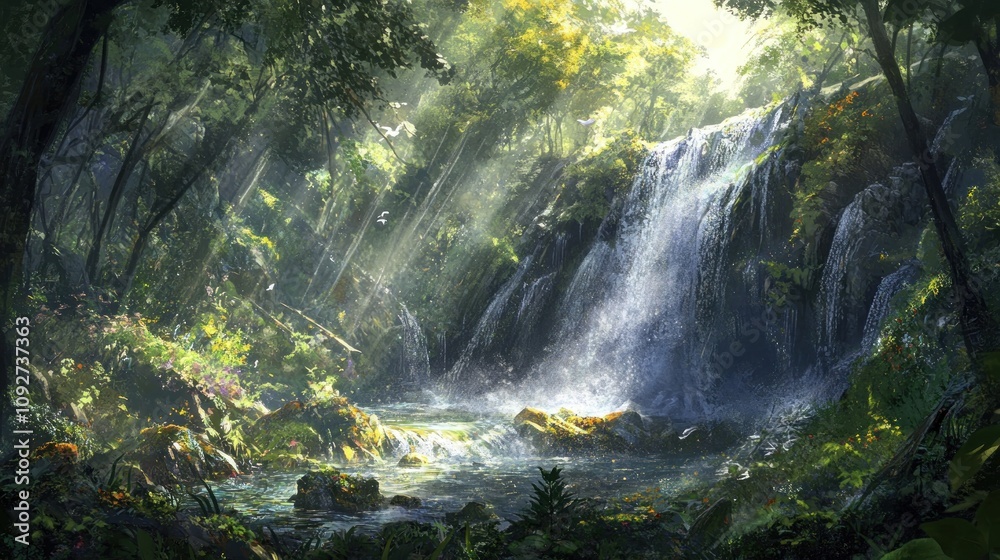 A serene waterfall surrounded by lush greenery and sunlight filtering through the trees. A serene waterfall surrounded by lush greenery and sunlight filtering through the trees.