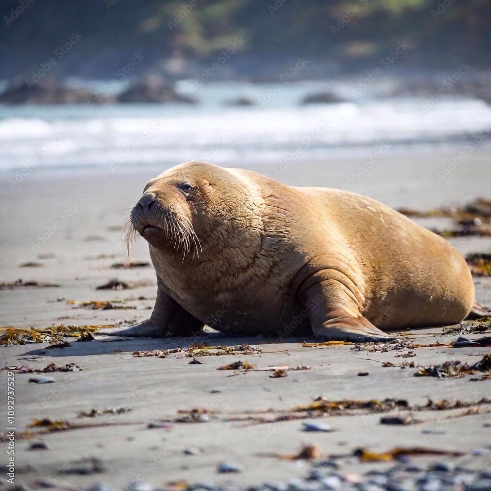 Obraz premium a closeup shot of a brown seal on the sandy beach with a sea lion