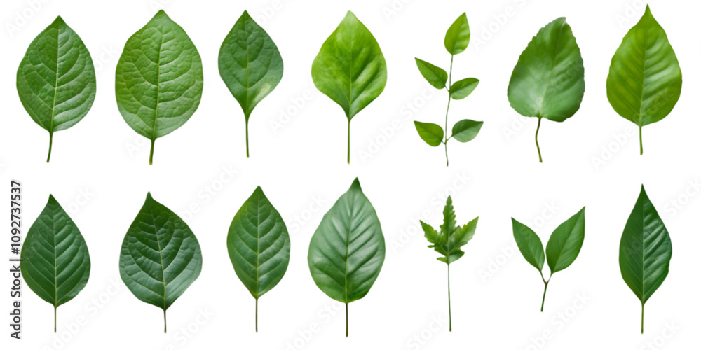Assorted Green Leaves on Transparent Background Assorted Green Leaves on Transparent Background