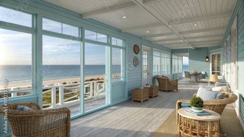Beachside dormitory with light blue interior and ocean views
