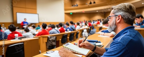 A focused individual takes notes in a lecture hall filled with students, highlighting a collaborative learning environment.