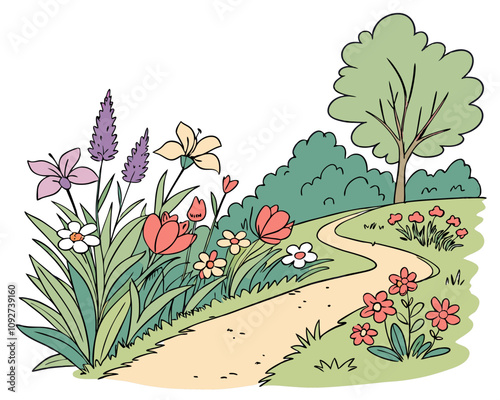 Idyllic Garden Watercolor Painting with Colorful Flowers