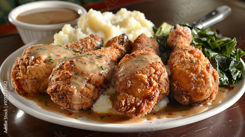 A mouthwatering plate of southern-style fried chicken with crispy coating, served with mashed potatoes, gravy, and collard greens.