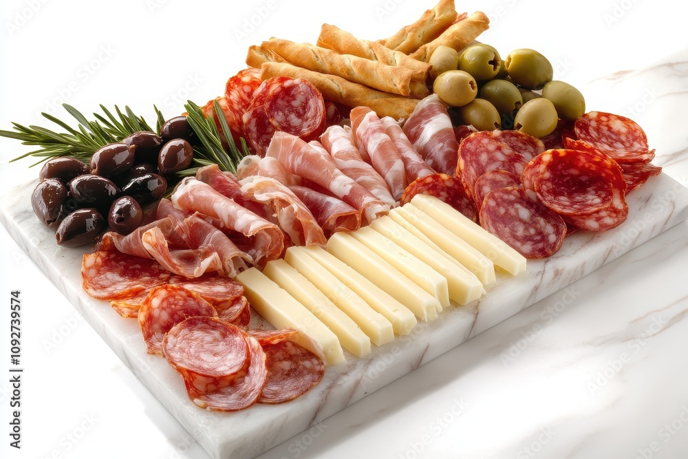 Fontina Cheese with Charcuterie: Slices of fontina cheese arranged alongside cured meats Fontina Cheese with Charcuterie: Slices of fontina cheese arranged alongside cured meats