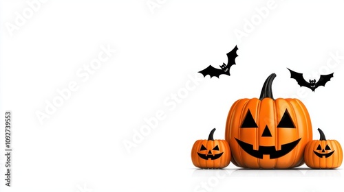 Spooky Halloween pumpkins and bats against white background