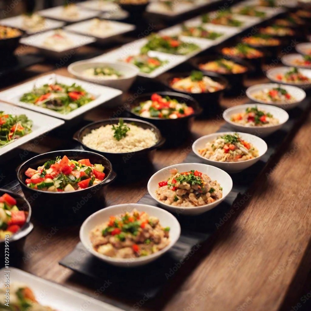 A close-up, ground-level shot of a New Year Eve buffet, showcasing a variety of dishes such as hors doeuvres and main courses, with a split diopter lens to keep both the table and festive background i A close-up, ground-level shot of a New Year Eve buffet, showcasing a variety of dishes such as hors doeuvres and main courses, with a split diopter lens to keep both the table and festive background i