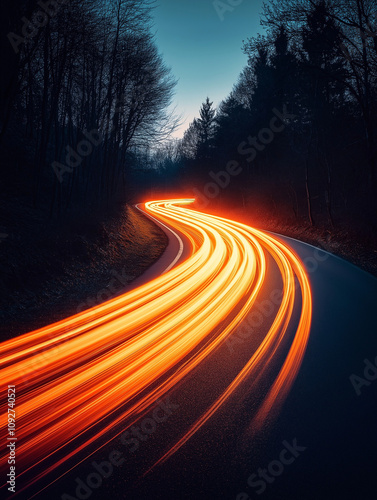 Night Road with Light Trails, Winding Road Through Forest at Dusk