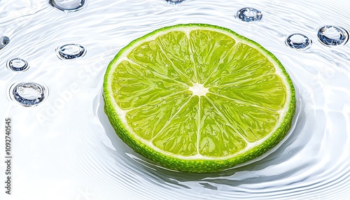 A lime slice surrounded by sparkling water ripples, clean and crisp, minimalistic style, isolated on white background photo