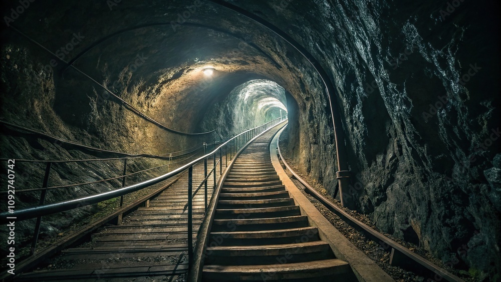 Fototapeta premium Long winding staircase spiraling through a hidden underground tunnel, spiral, staircase, tunnel, long