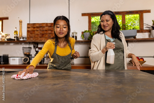 Asian female teenager cleaning kitchen counter with grandmother, at home photo