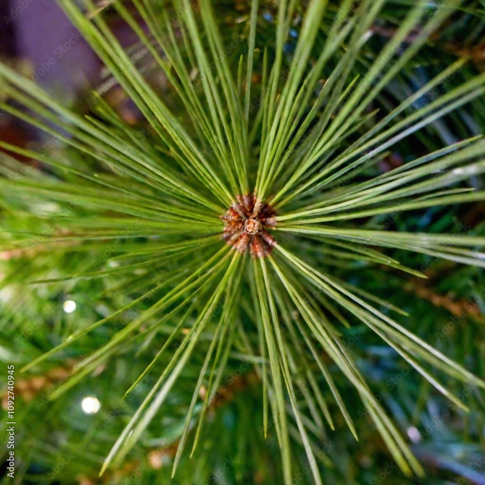 An extreme macro of a Christmas tree's pine needles with lights reflecting, with a shallow focus and a Dutch angle, in a vibrant anime style