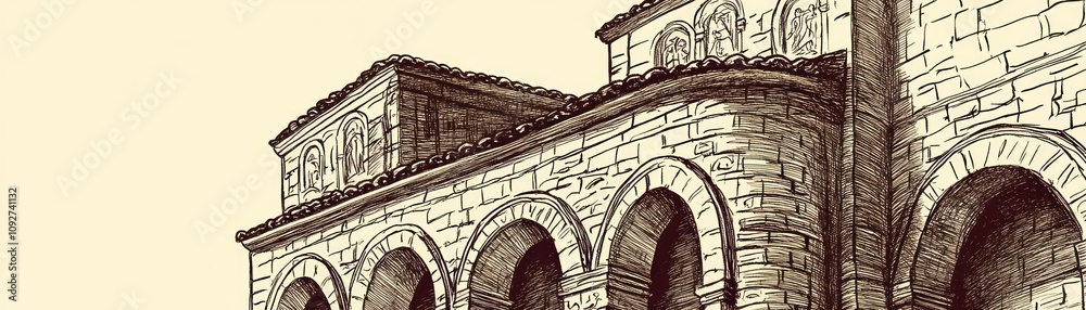 Obraz premium Detailed architectural illustration of a historical building with arches and stonework.