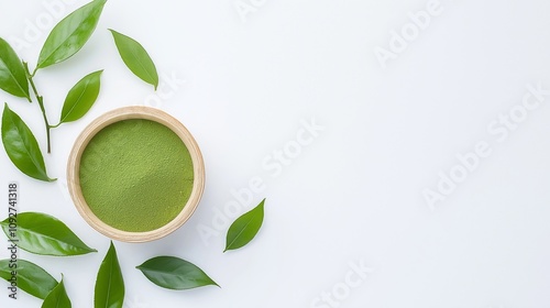Matcha Green Tea Powder with Fresh Leaves on White Background