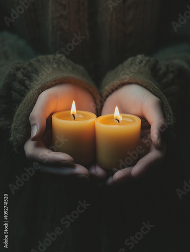 Two burning candles held in hands, concept of warmth, peace, and tranquility.