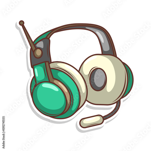 Hand drawn cute cartoon illustration of wireless headphones. Flat vector headset sticker in simple colored doodle style.