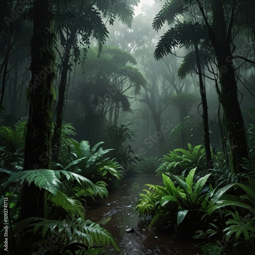 Lush green rainforest with dense foliage and misty atmosphere – vibrant tropical jungle filled with tall trees, ferns, and a serene pathway covered in mist photo