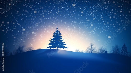 Serene Winter Night with Snowy Christmas Tree and Starry Sky Background