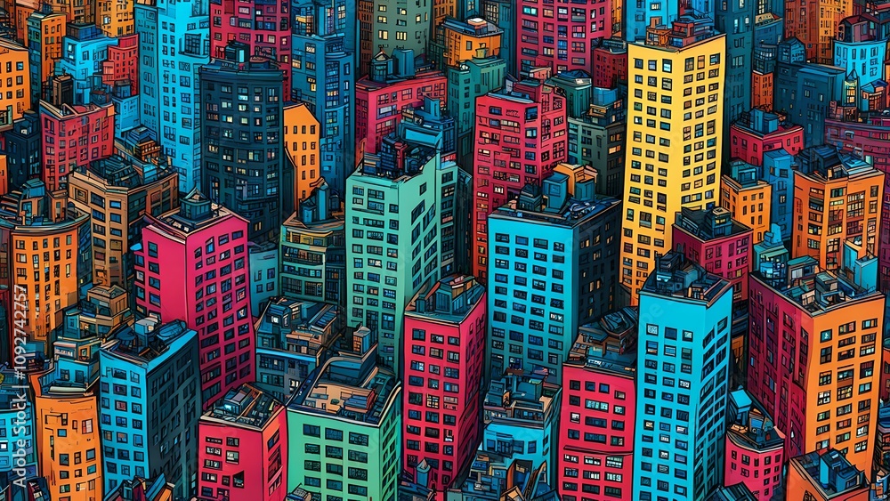 Obraz premium Vibrant Cartoon Cityscape: Colorful Buildings, Windows, and Roofs, Creating a Playful Urban Scene