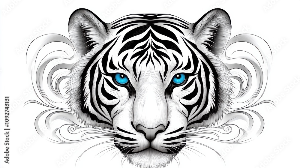 Powerful White Tiger Portrait with Striking Blue Eyes in Monochrome Powerful White Tiger Portrait with Striking Blue Eyes in Monochrome