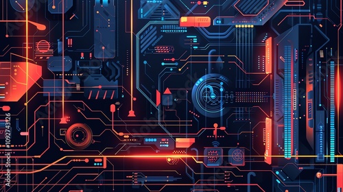 Abstract digital circuit board with glowing wires and lights.