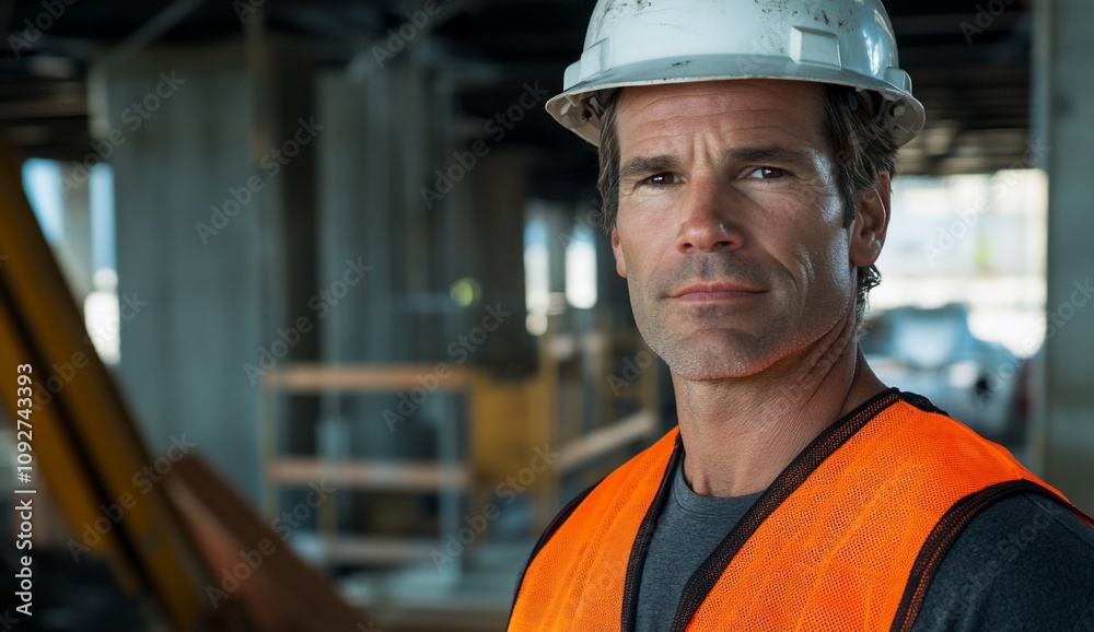 A construction worker in safety gear at a building site. A construction worker in safety gear at a building site.