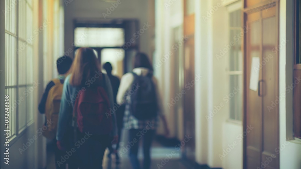Student Backpack Blur – Blurred students carrying backpacks in a university corridor.

