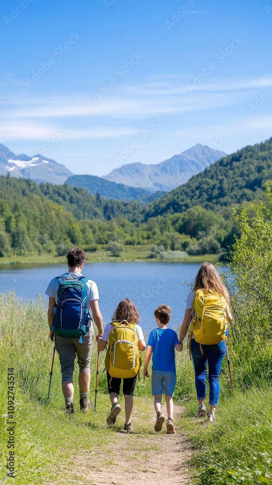Family hiking along scenic trail by lake with mountain views. Family hiking along scenic trail by lake with mountain views.