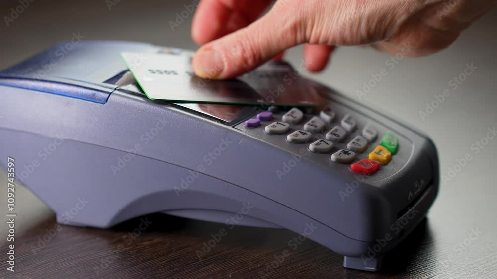 NFC contactless payment by credit card and pos terminal, close-up NFC contactless payment by credit card and pos terminal, close-up