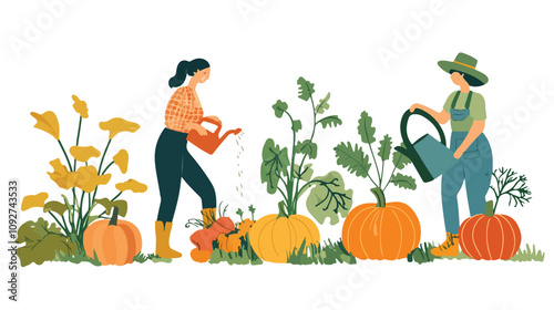 Man and woman watering pumpkins in a garden