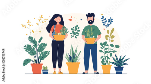 Couple Enjoying Nature with Potted Plants Outdoors