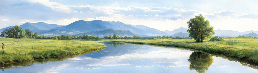 serene landscape featuring river, mountains, and lush greenery serene landscape featuring river, mountains, and lush greenery