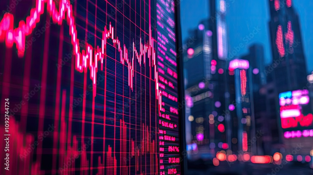 Stock market data with rising and falling graphs, blurred cityscape background. Stock market data with rising and falling graphs, blurred cityscape background.