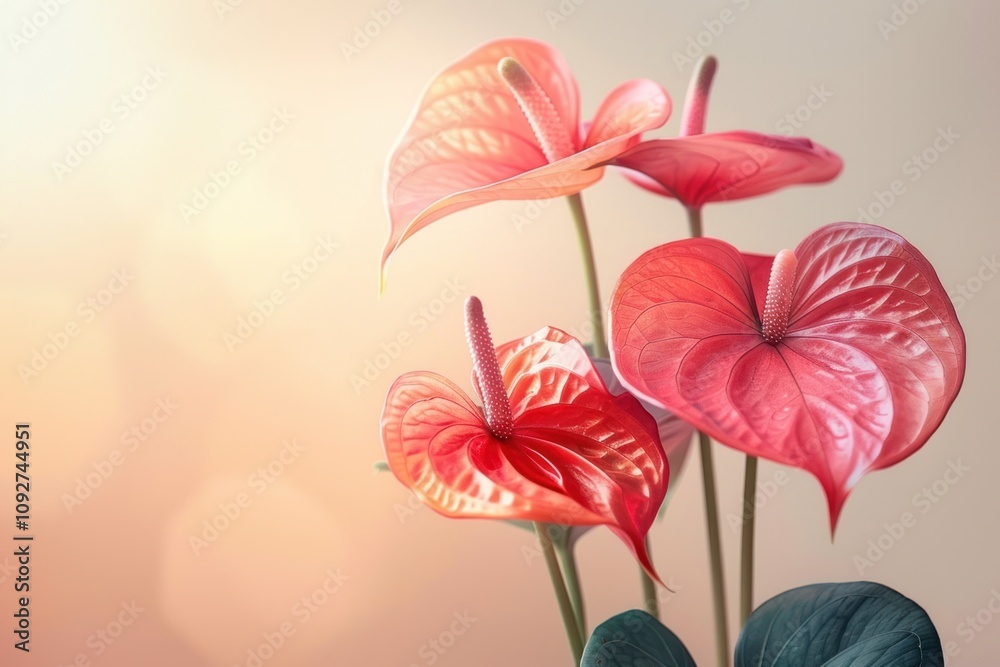 Obraz premium Anthurium andraeanum, light sunny background, layout template